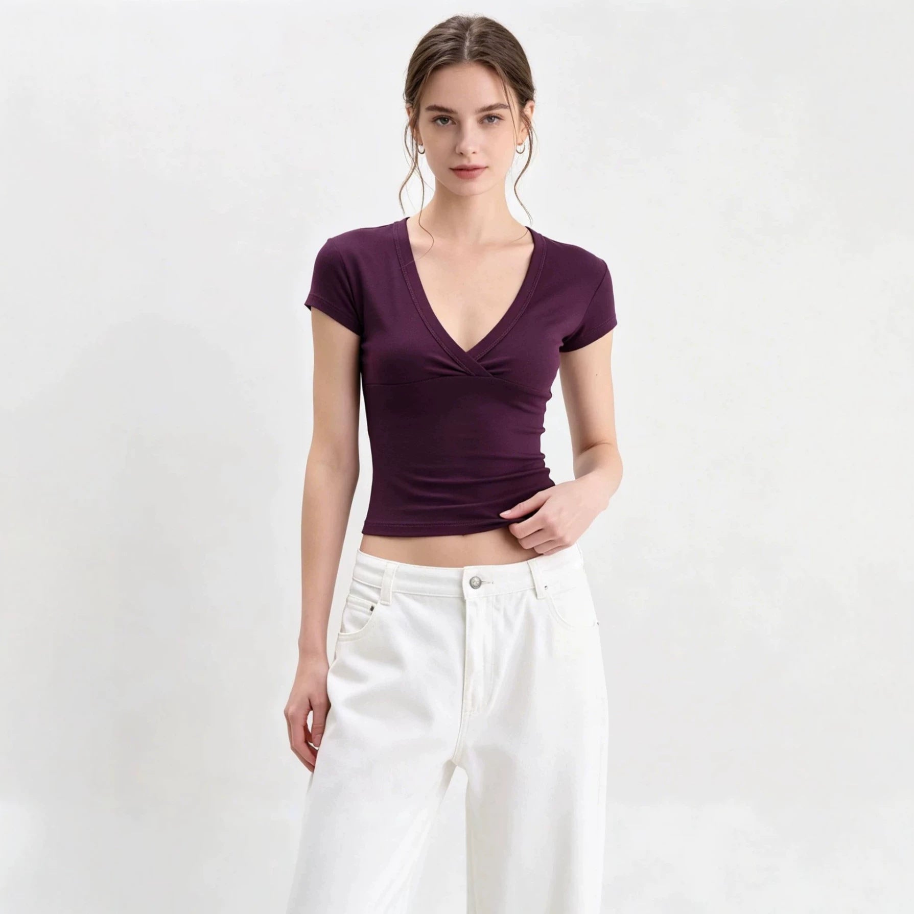 Spot European And American Foreign Trade Amazon Cross-Border Women'S Clothing Deep V-Neck Low-Cut Slim Short-Sleeved T-Shirt Women'S Tight Sexy Top