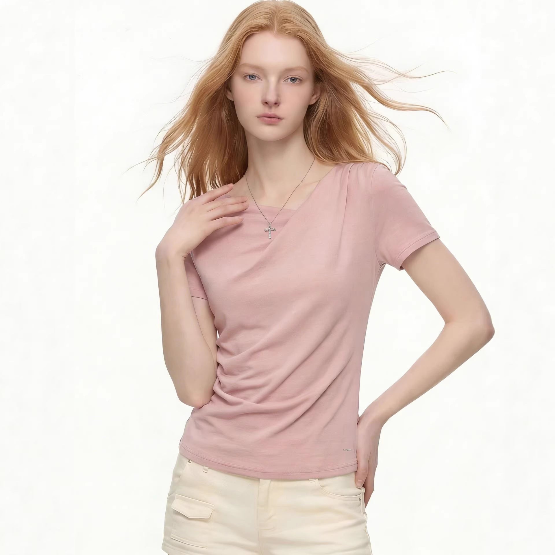 European And American Foreign Trade Amazon Cross-Border Women'S Clothing Wholesale Pink Short-Sleeved T-Shirt Women'S Pleated Summer Slim-Fitting Top