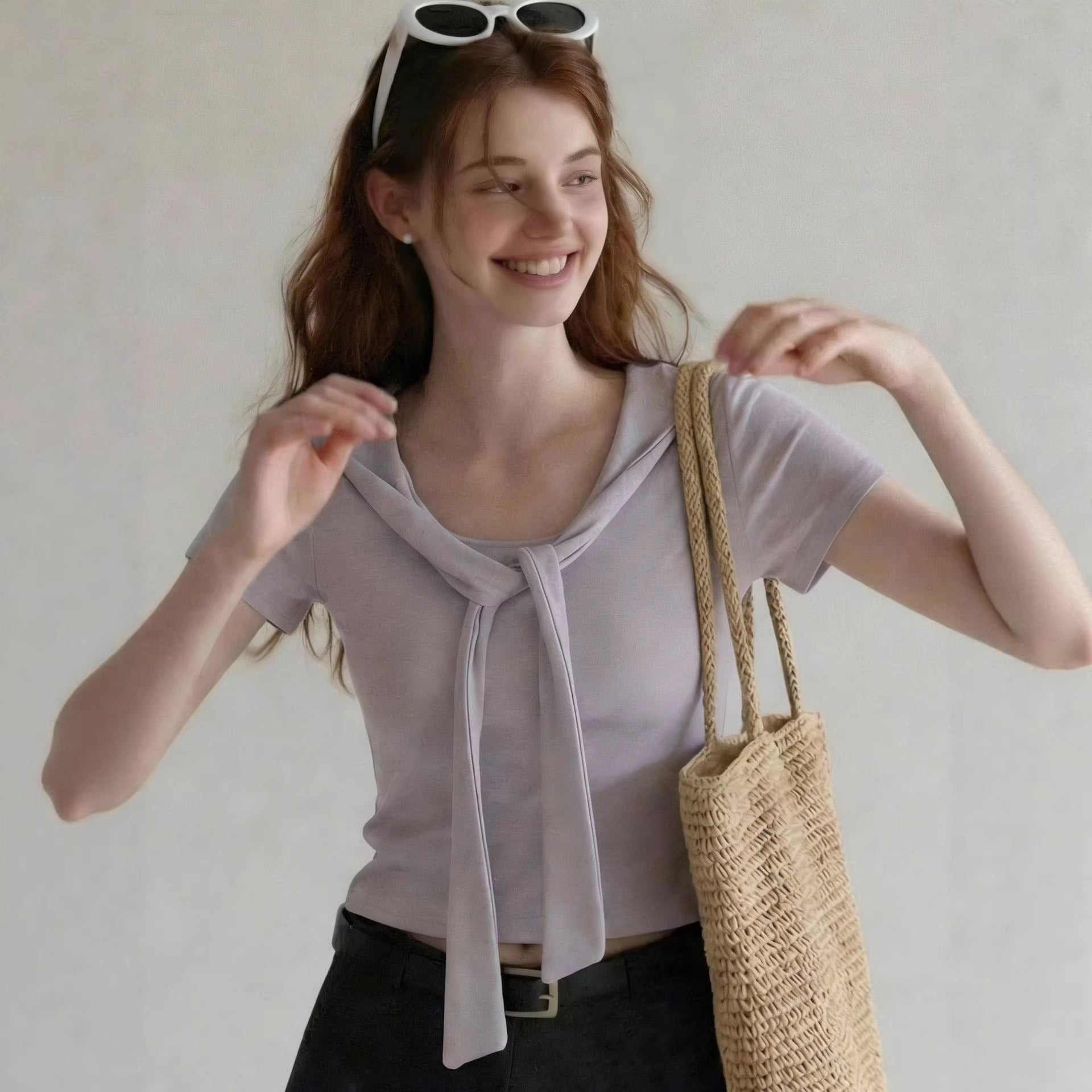 European And American Foreign Trade Amazon Cross-Border Women'S Clothing Wholesale Shawl Collar Lace-Up T-Shirt Women'S Slim Short-Sleeved Top Summer