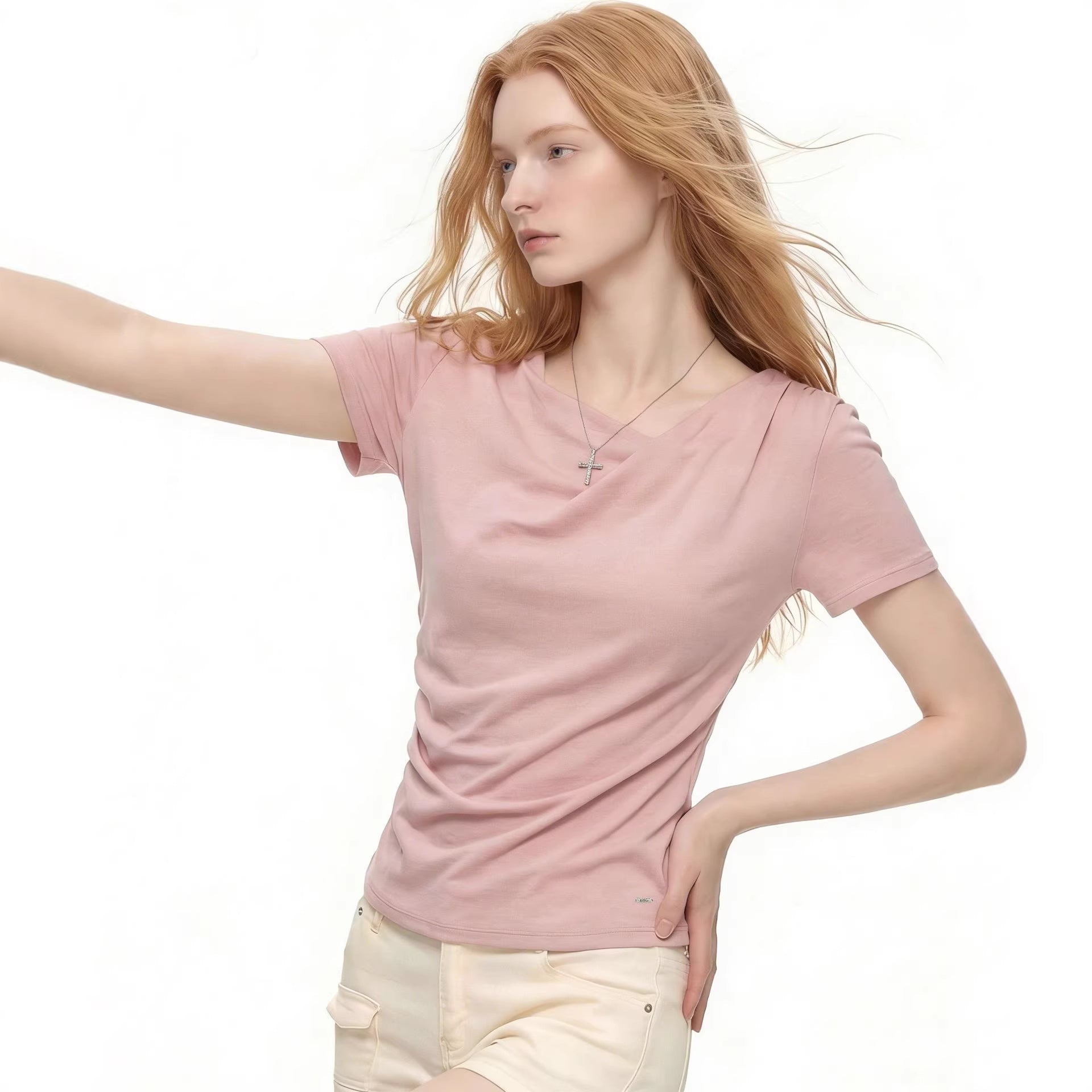European And American Foreign Trade Amazon Cross-Border Women'S Clothing Wholesale Pink Short-Sleeved T-Shirt Women'S Pleated Summer Slim-Fitting Top