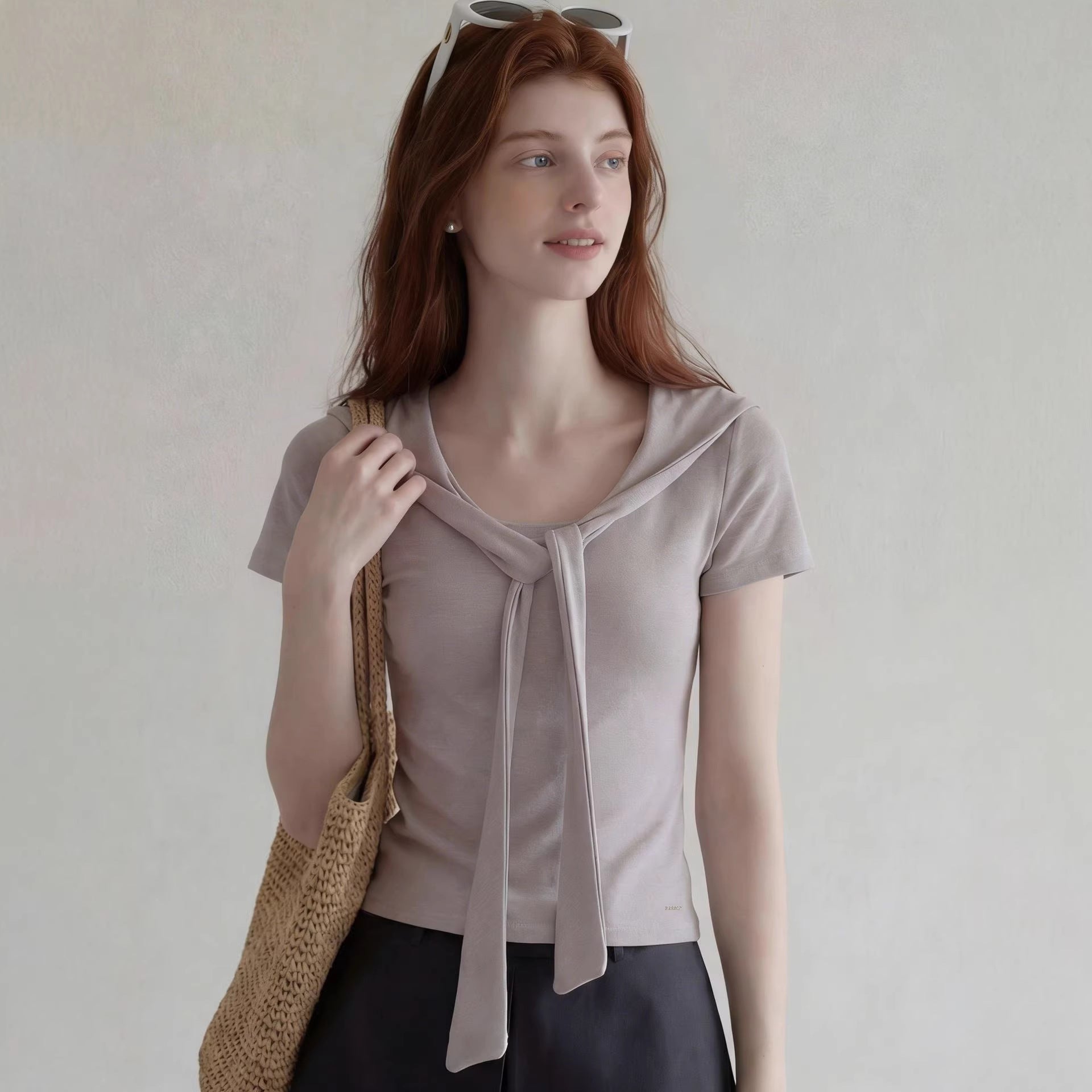European And American Foreign Trade Amazon Cross-Border Women'S Clothing Wholesale Shawl Collar Lace-Up T-Shirt Women'S Slim Short-Sleeved Top Summer