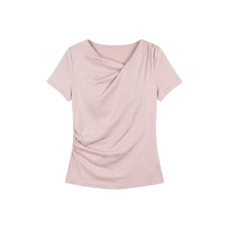 European And American Foreign Trade Amazon Cross-Border Women'S Clothing Wholesale Pink Short-Sleeved T-Shirt Women'S Pleated Summer Slim-Fitting Top