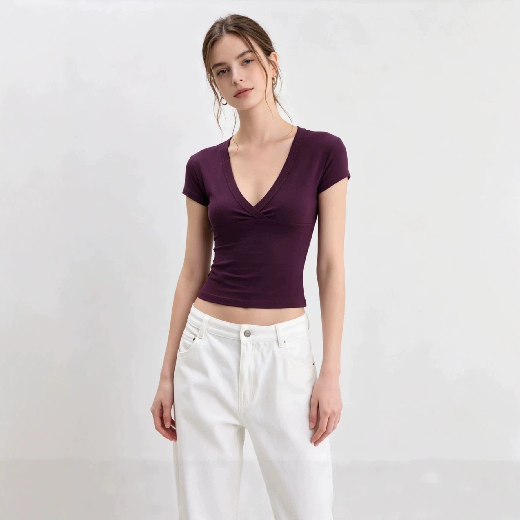 Spot European And American Foreign Trade Amazon Cross-Border Women'S Clothing Deep V-Neck Low-Cut Slim Short-Sleeved T-Shirt Women'S Tight Sexy Top