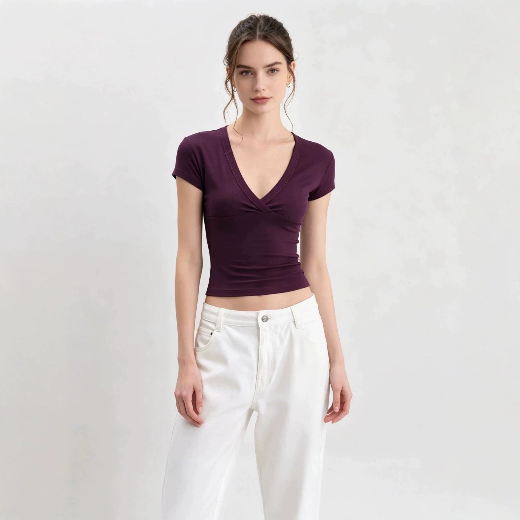 Spot European And American Foreign Trade Amazon Cross-Border Women'S Clothing Deep V-Neck Low-Cut Slim Short-Sleeved T-Shirt Women'S Tight Sexy Top