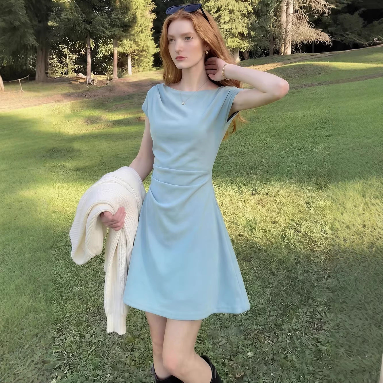 European And American Foreign Trade Amazon Cross-Border Wholesale One-Line Collar Dress Women'S Pleated Waist High-End Commuter Skirt