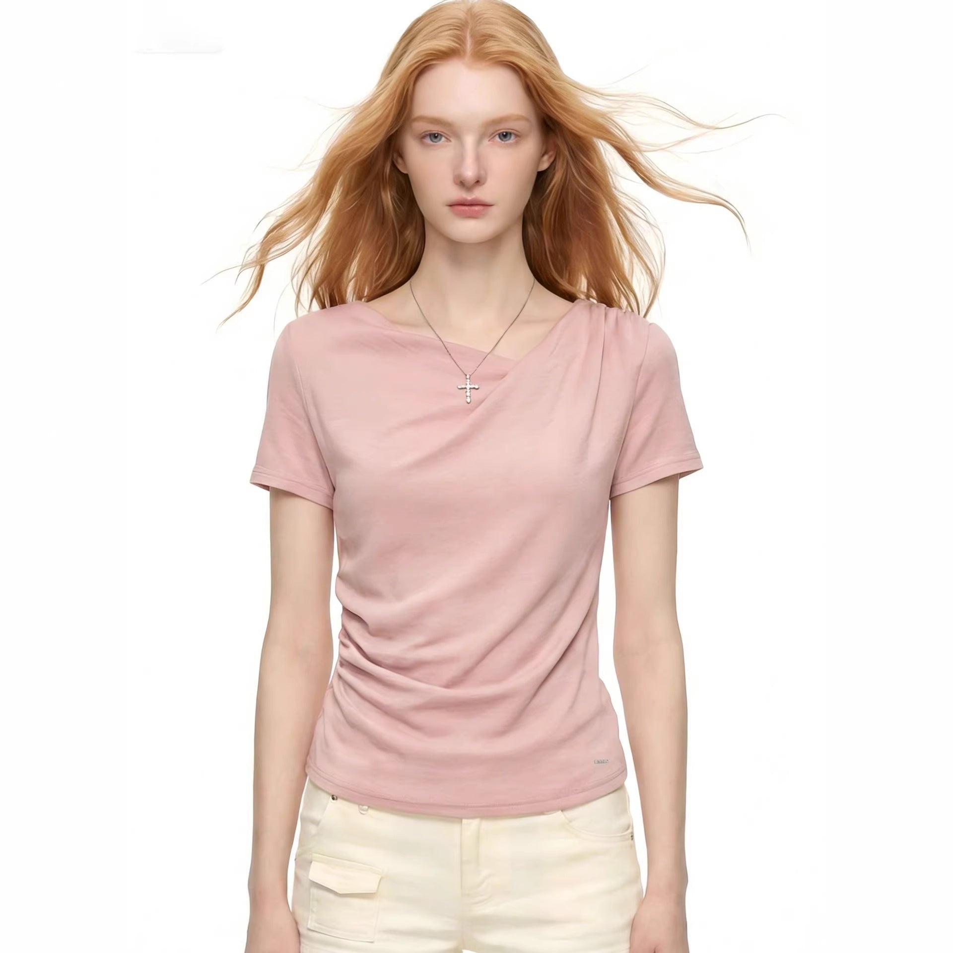 European And American Foreign Trade Amazon Cross-Border Women'S Clothing Wholesale Pink Short-Sleeved T-Shirt Women'S Pleated Summer Slim-Fitting Top
