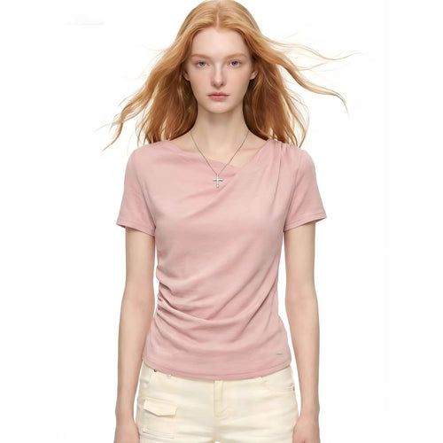 European And American Foreign Trade Amazon Cross-Border Women'S Clothing Wholesale Pink Short-Sleeved T-Shirt Women'S Pleated Summer Slim-Fitting Top