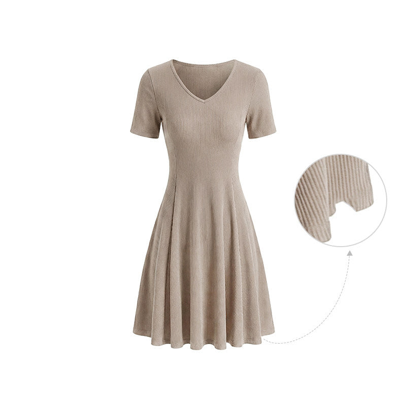 European And American Foreign Trade Amazon Cross-Border Women'S Clothing Wholesale Khaki V-Neck Dress Short-Sleeved Waist Slimming A-Line Skirt
