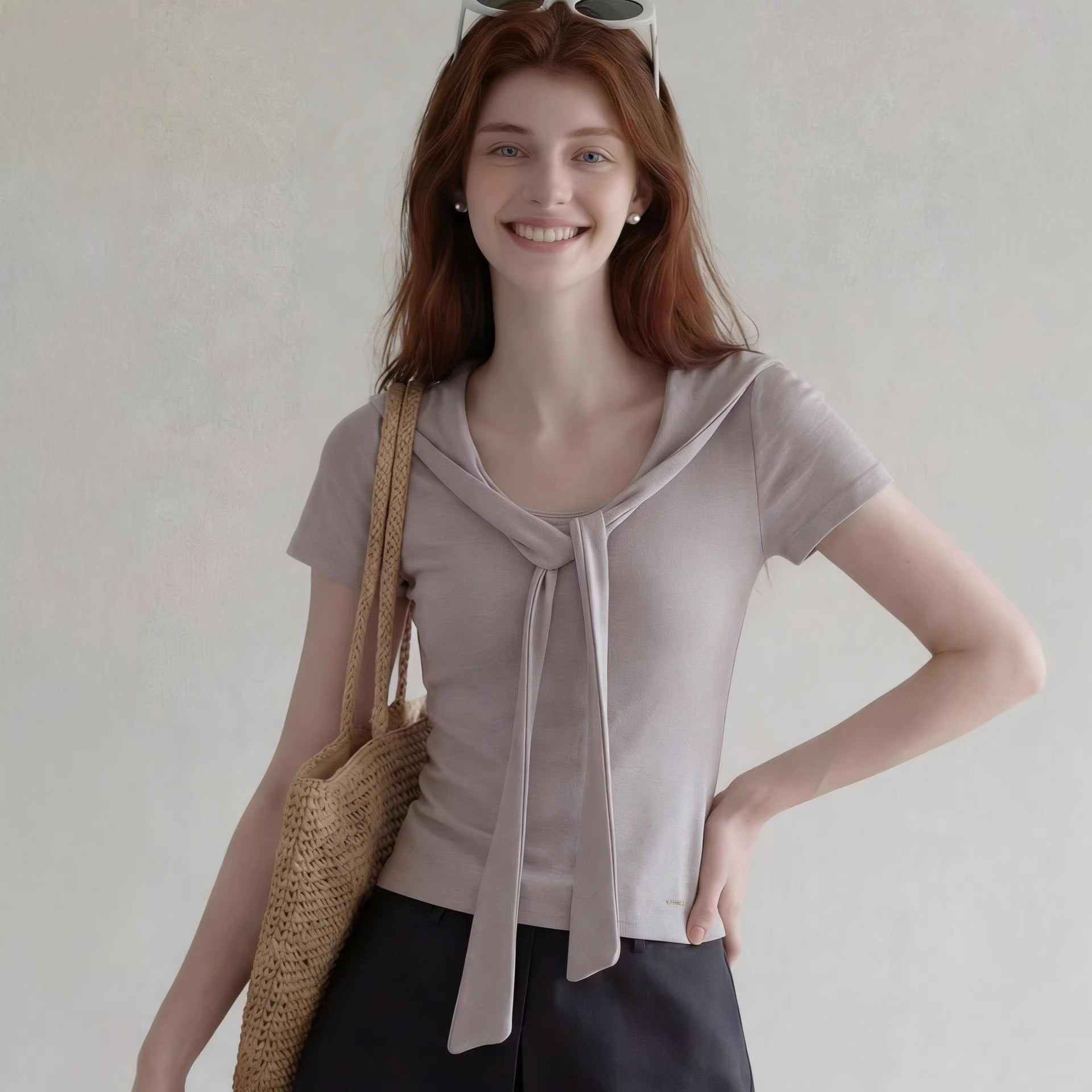 European And American Foreign Trade Amazon Cross-Border Women'S Clothing Wholesale Shawl Collar Lace-Up T-Shirt Women'S Slim Short-Sleeved Top Summer
