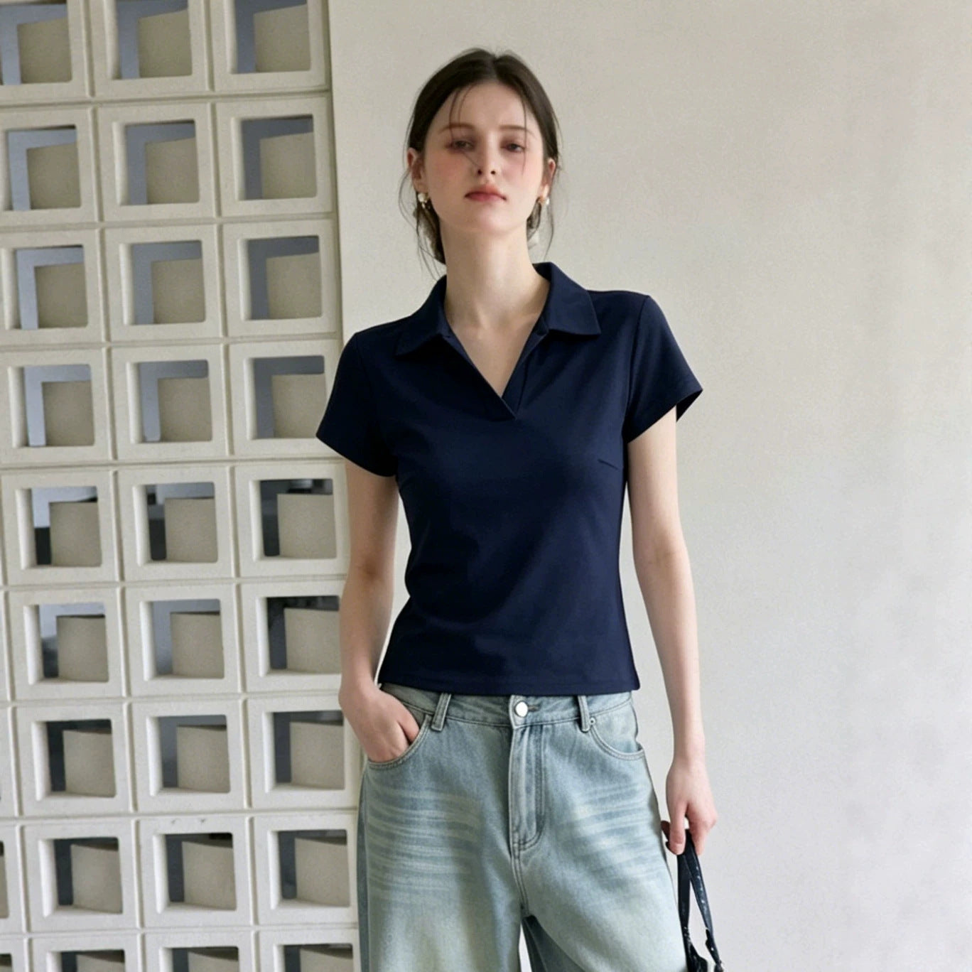 Zy415 European And American Foreign Trade Cross-Border Source Women'S Waist Slim Fit Polo Collar T-Shirt Summer Casual Sports Short Top
