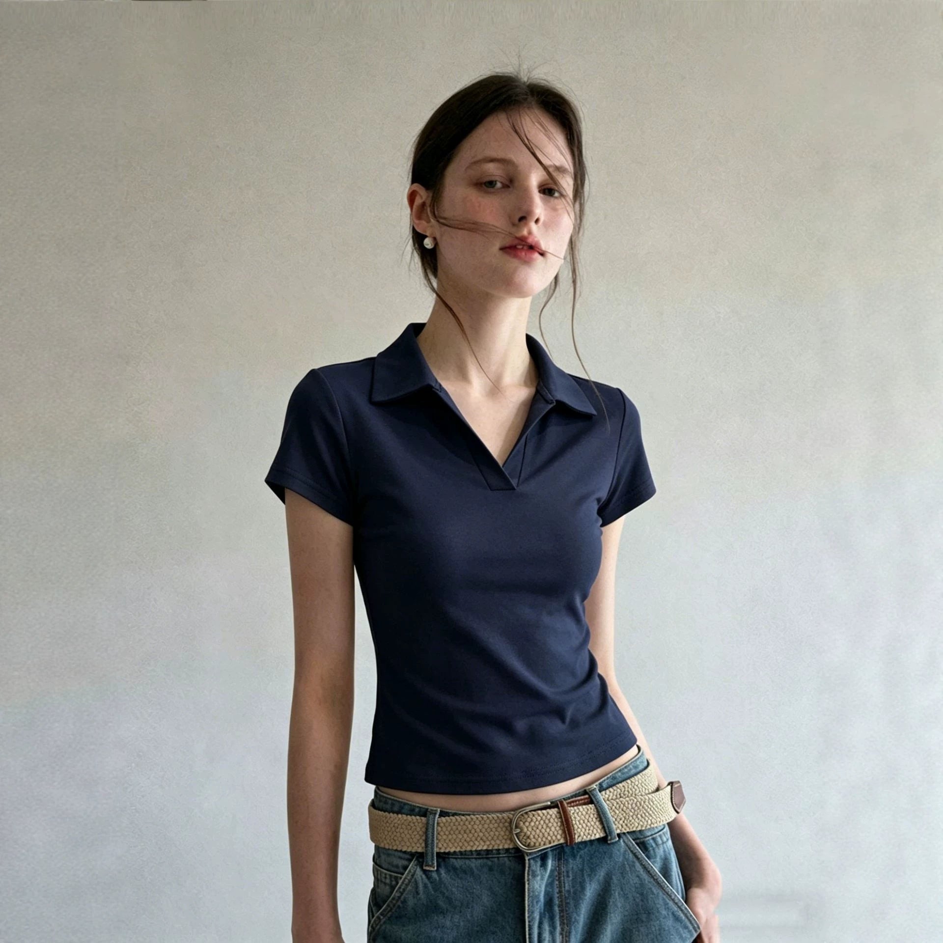 Zy415 European And American Foreign Trade Cross-Border Source Women'S Waist Slim Fit Polo Collar T-Shirt Summer Casual Sports Short Top