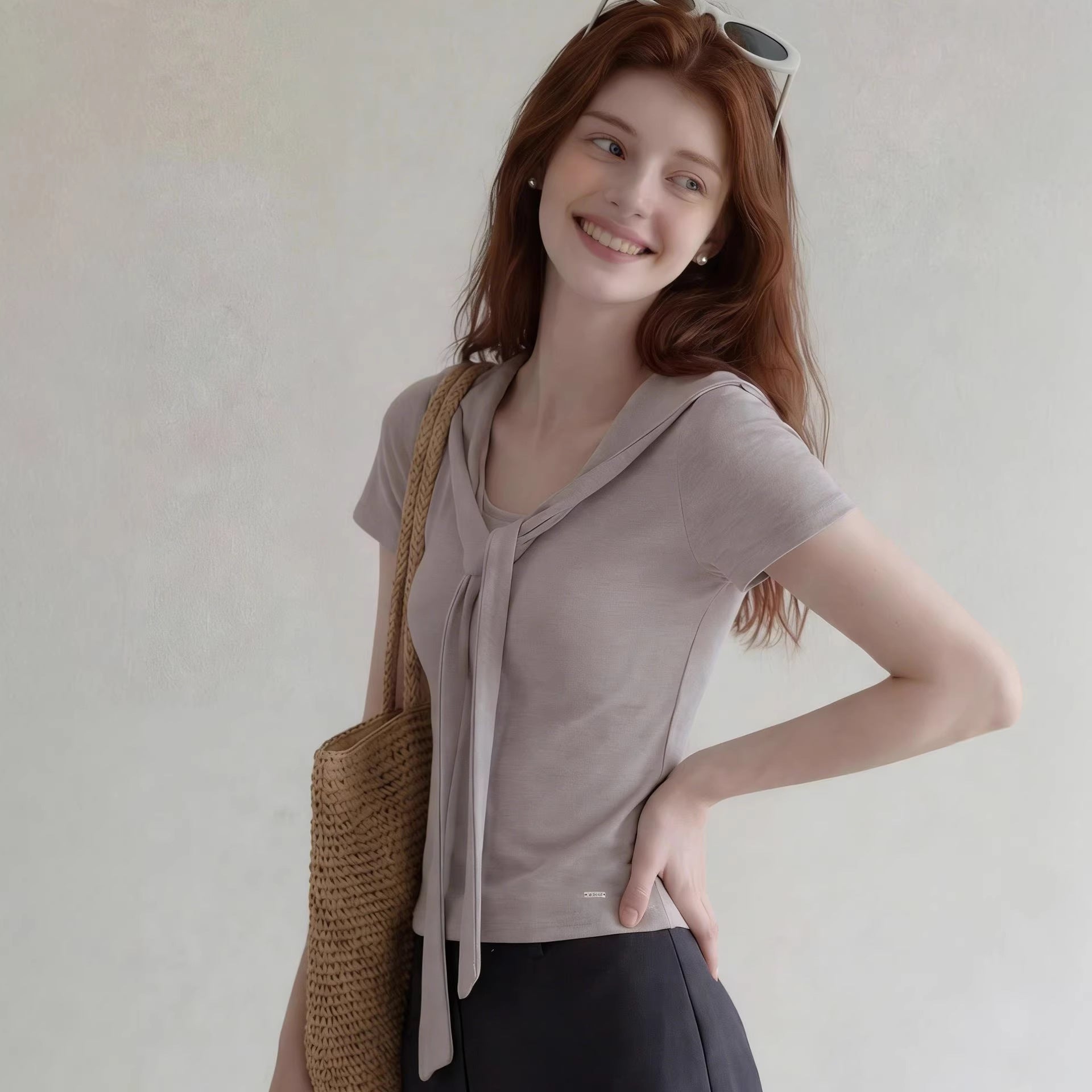 European And American Foreign Trade Amazon Cross-Border Women'S Clothing Wholesale Shawl Collar Lace-Up T-Shirt Women'S Slim Short-Sleeved Top Summer