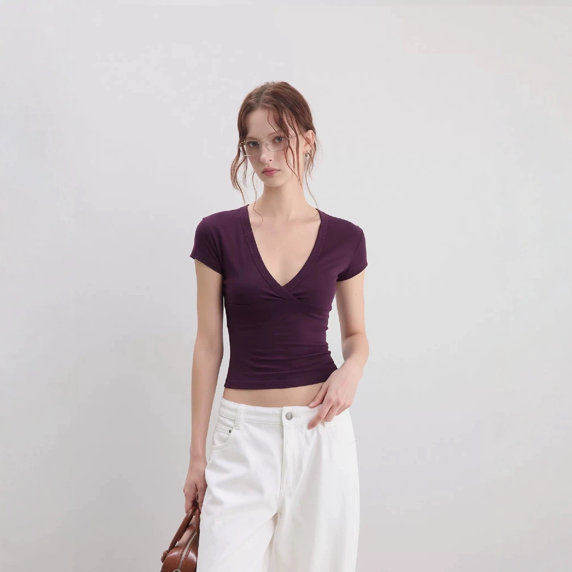 Spot European And American Foreign Trade Amazon Cross-Border Women'S Clothing Deep V-Neck Low-Cut Slim Short-Sleeved T-Shirt Women'S Tight Sexy Top