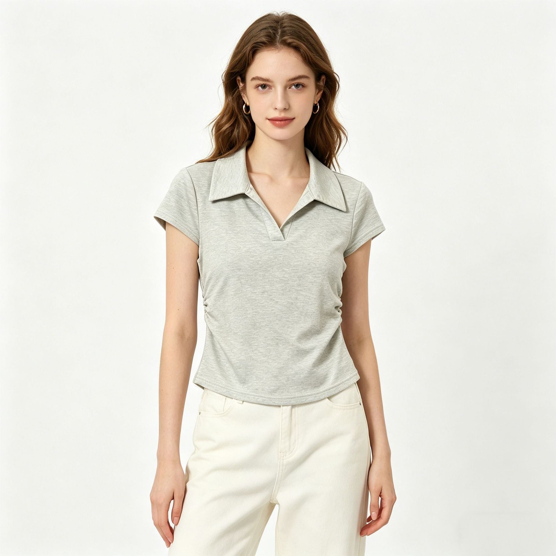 Spot European And American Foreign Trade Amazon Women'S Clothing 95 Cotton 5 Spandex Short-Sleeved Polo Shirt T-Shirt Women'S Summer Waist Top