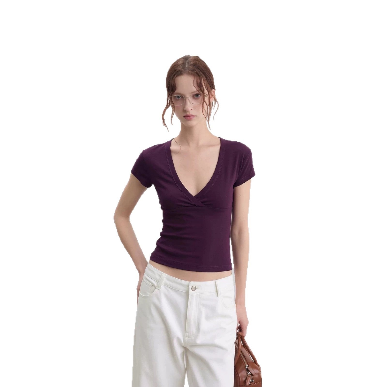 Spot European And American Foreign Trade Amazon Cross-Border Women'S Clothing Deep V-Neck Low-Cut Slim Short-Sleeved T-Shirt Women'S Tight Sexy Top