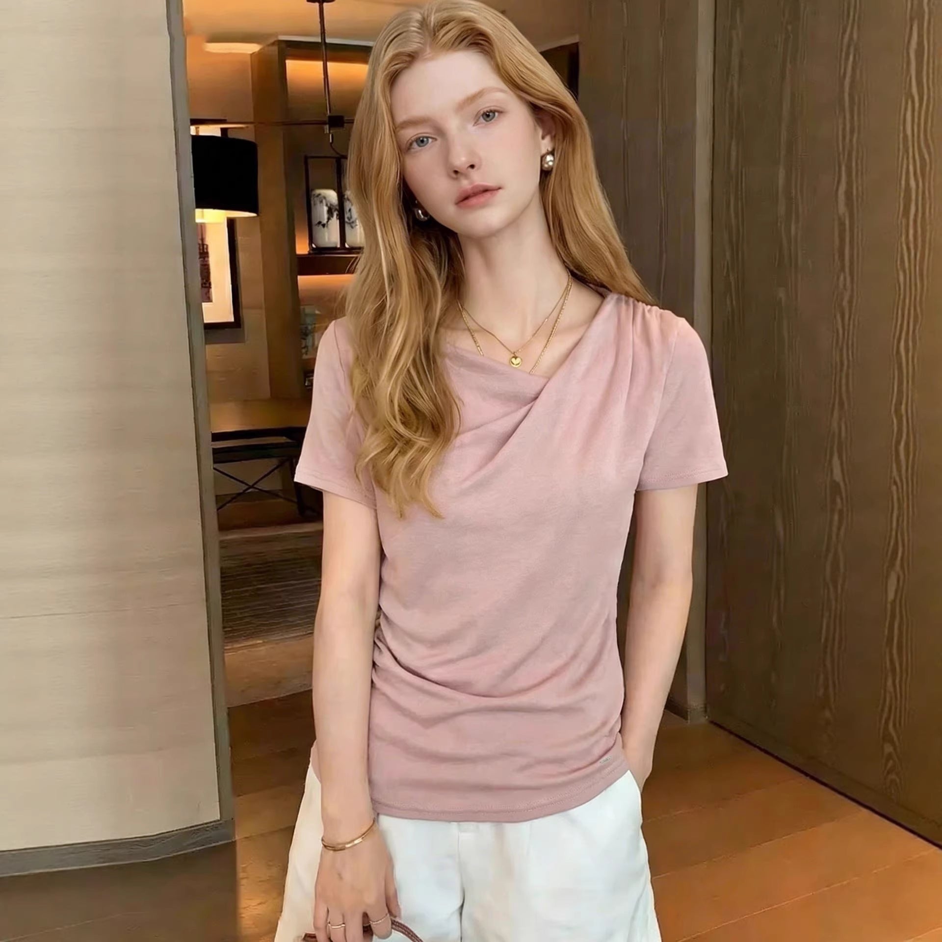 European And American Foreign Trade Amazon Cross-Border Women'S Clothing Wholesale Pink Short-Sleeved T-Shirt Women'S Pleated Summer Slim-Fitting Top