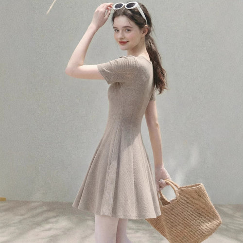 European And American Foreign Trade Amazon Cross-Border Women'S Clothing Wholesale Khaki V-Neck Dress Short-Sleeved Waist Slimming A-Line Skirt