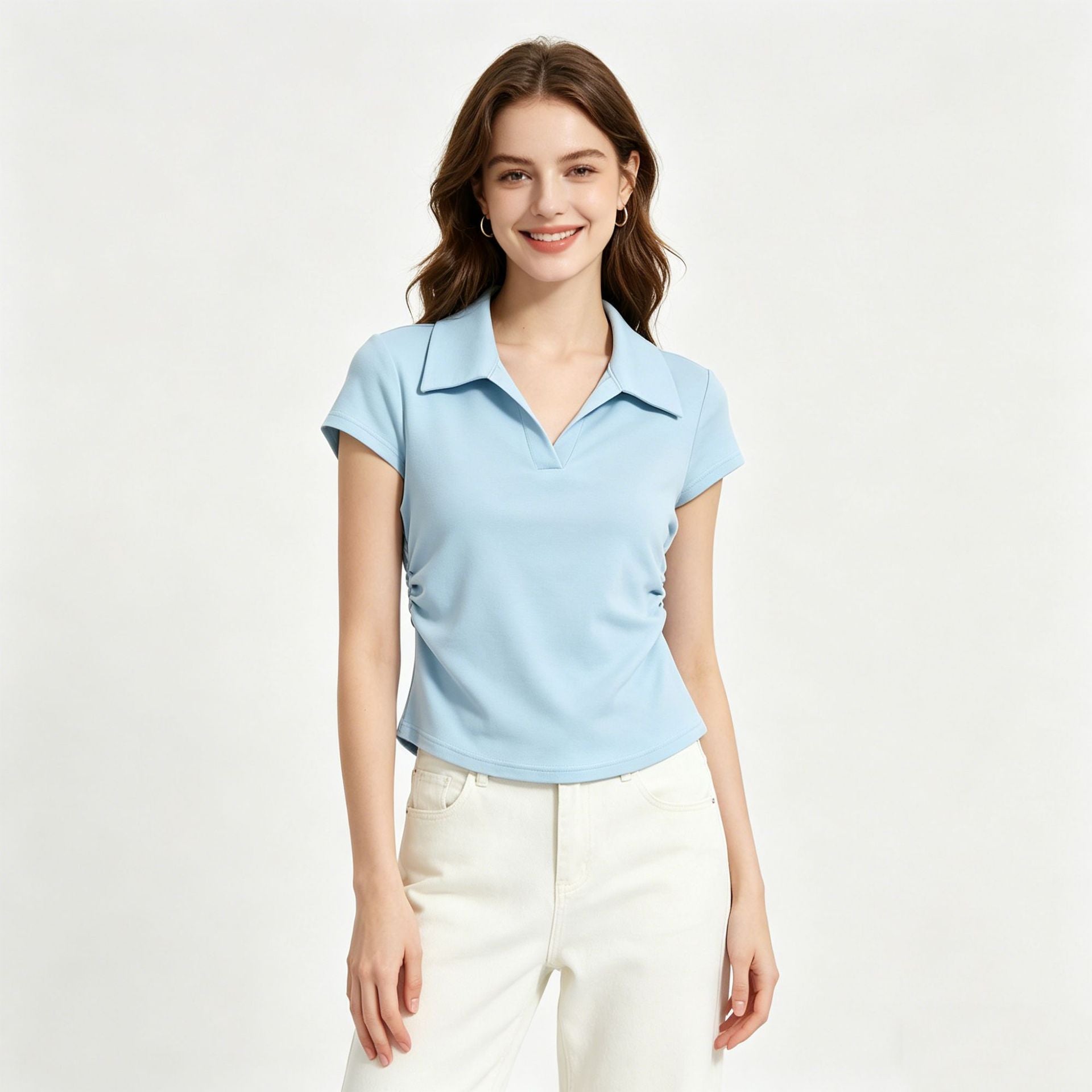 Spot European And American Foreign Trade Amazon Women'S Clothing 95 Cotton 5 Spandex Short-Sleeved Polo Shirt T-Shirt Women'S Summer Waist Top